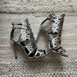 Brian Atwood Silver Size 6.5 High Heel Sandals with Metal Accents
